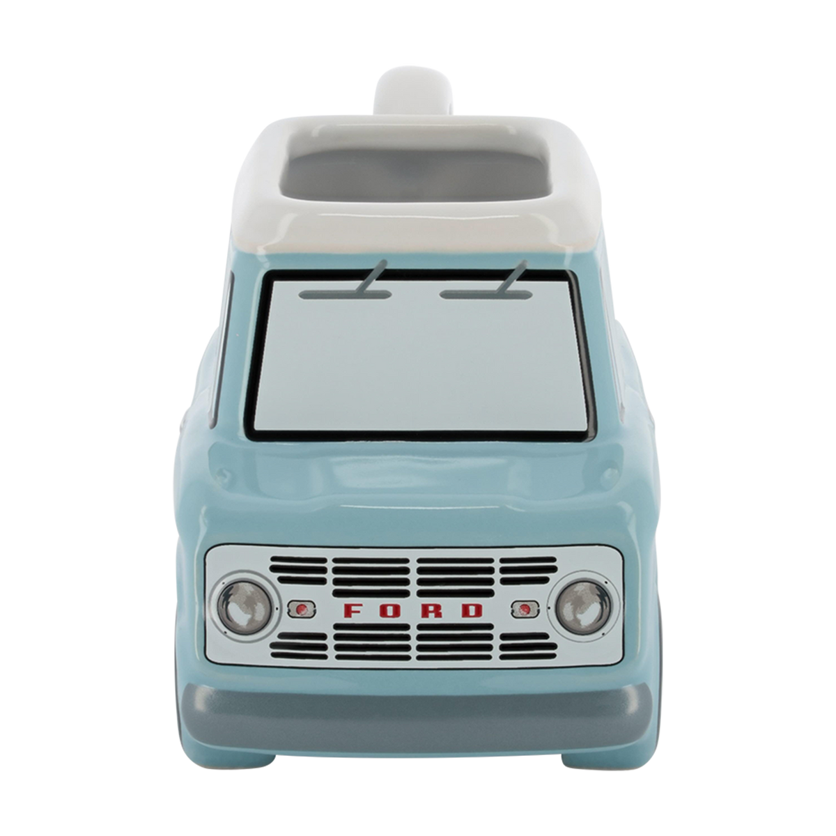 front of a light blue vintage Bronco shaped ceramic car mug on a white background 