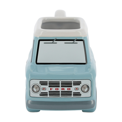front of a light blue vintage Bronco shaped ceramic car mug on a white background 