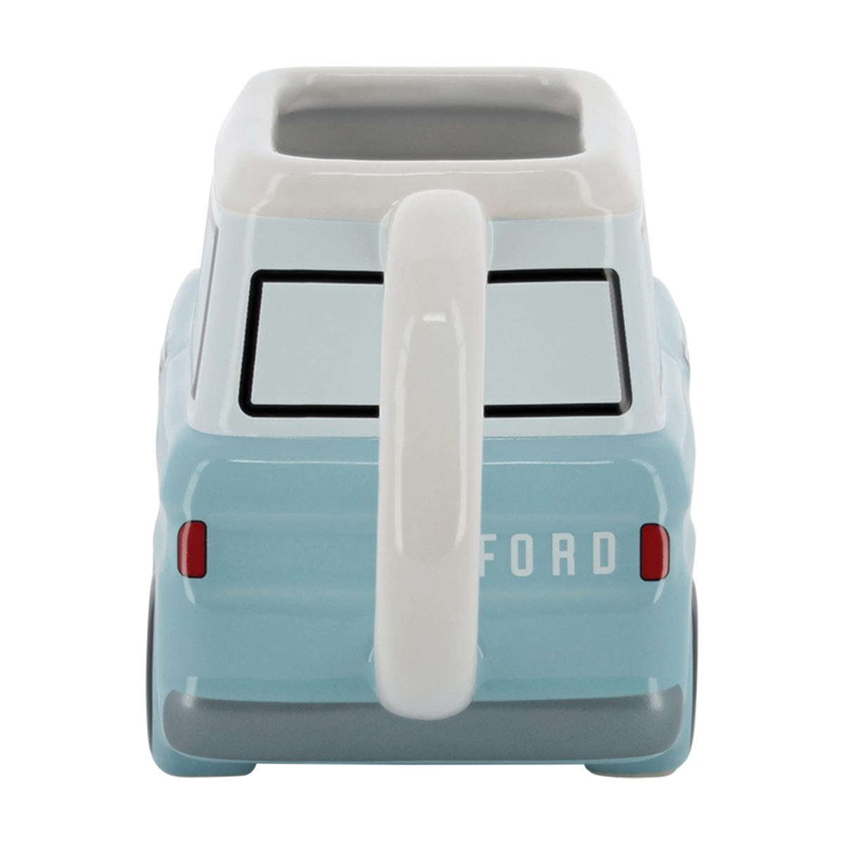 back of a light blue vintage Bronco shaped ceramic car mug on a white background