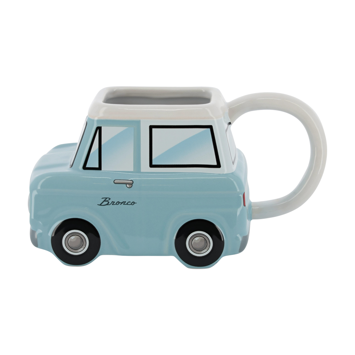 light blue vintage Bronco shaped ceramic car mug on a white background
