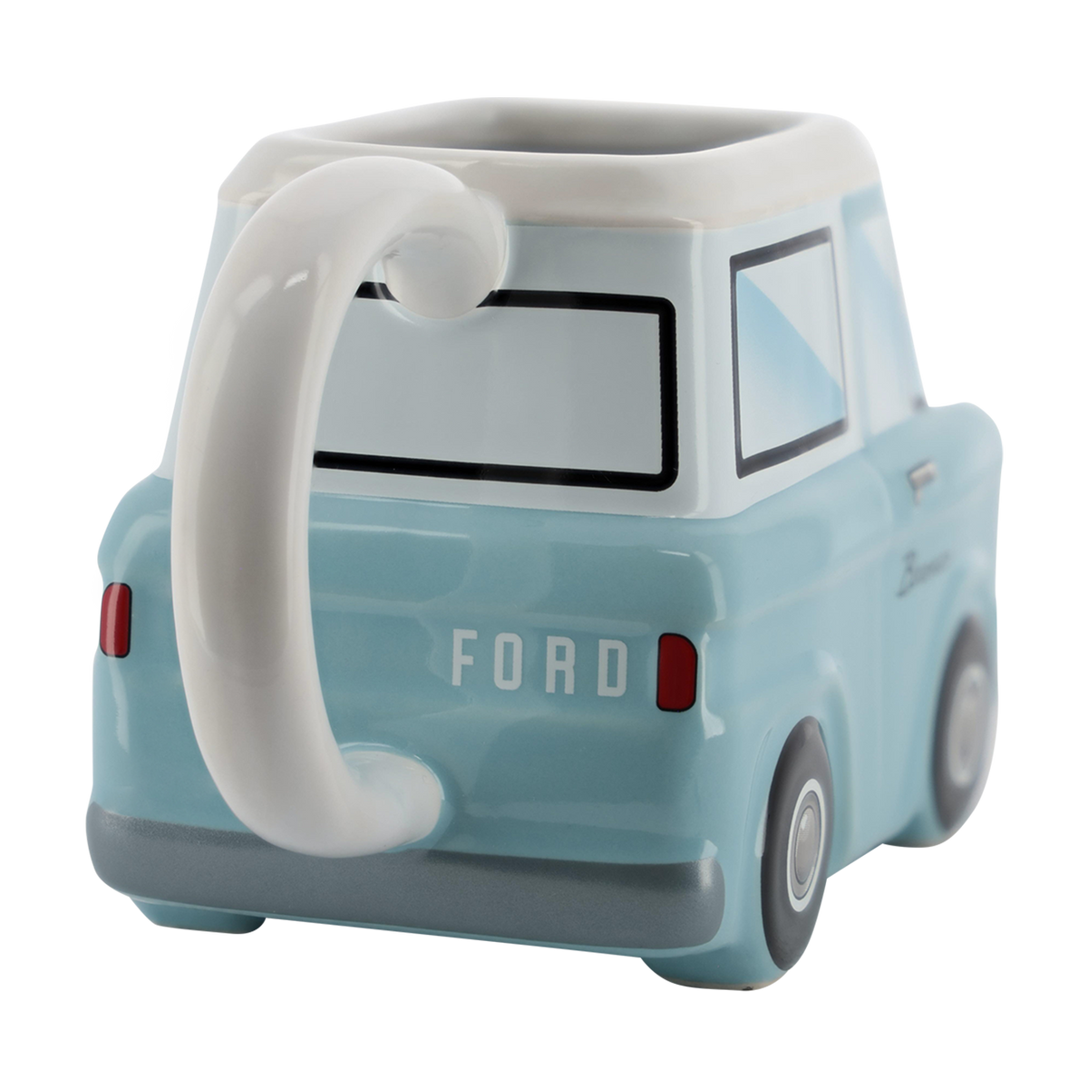 back of a light blue vintage Bronco shaped ceramic car mug on a white background