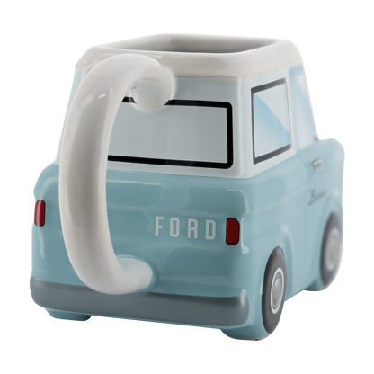 back of a light blue vintage Bronco shaped ceramic car mug on a white background