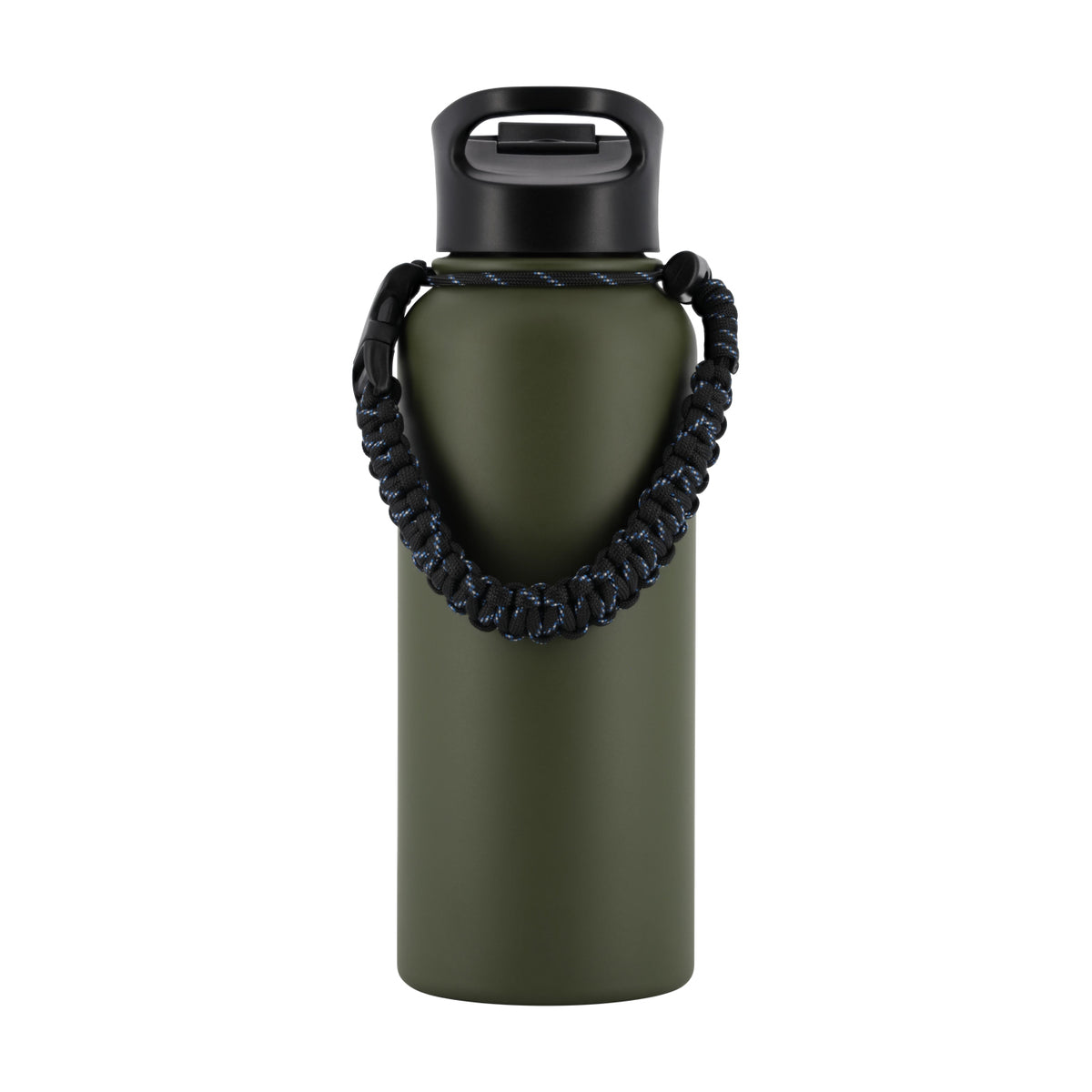 An olive green insulated water bottle with a black flip-top lid and a dark blue paracord carrying strap, shown on a solid white background.
