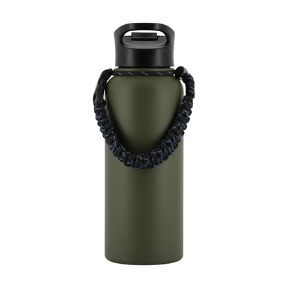 An olive green insulated water bottle with a black flip-top lid and a dark blue paracord carrying strap, shown on a solid white background.