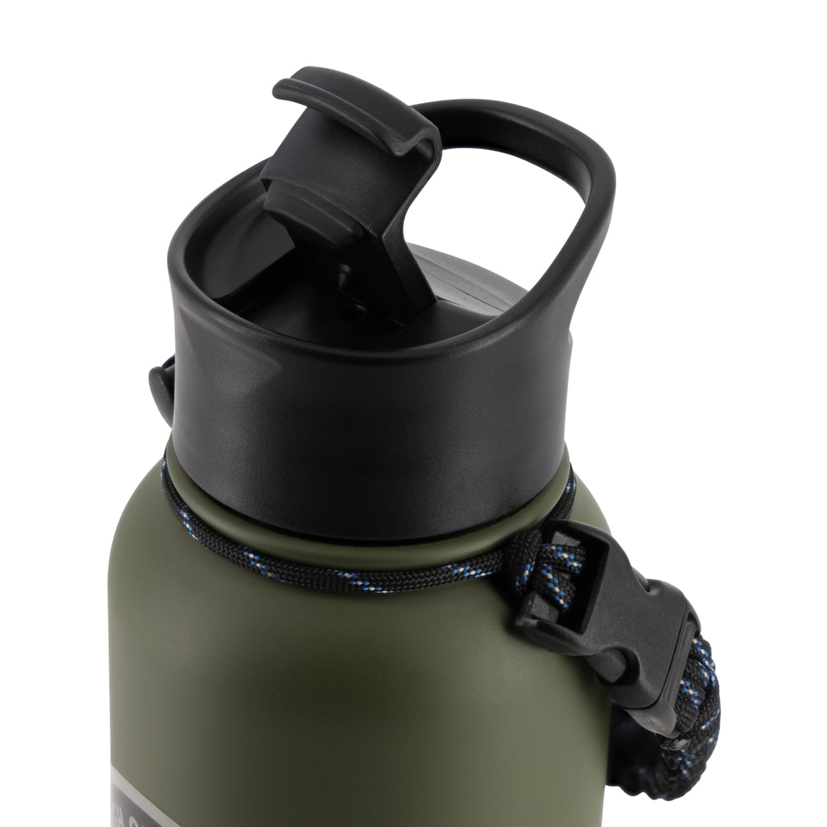 Close-up of an insulated water bottle with an olive green body, black lid, and a black-and-blue braided strap with a plastic buckle, shown on a white background.