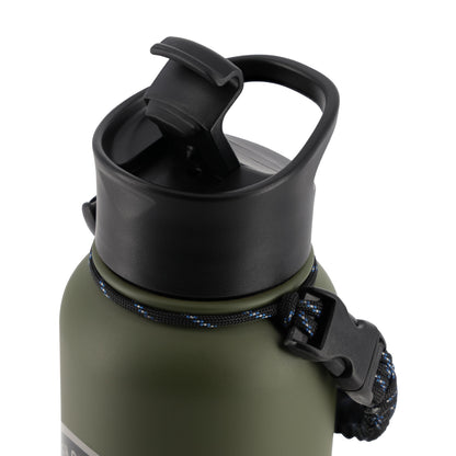 Close-up of an insulated water bottle with an olive green body, black lid, and a black-and-blue braided strap with a plastic buckle, shown on a white background.