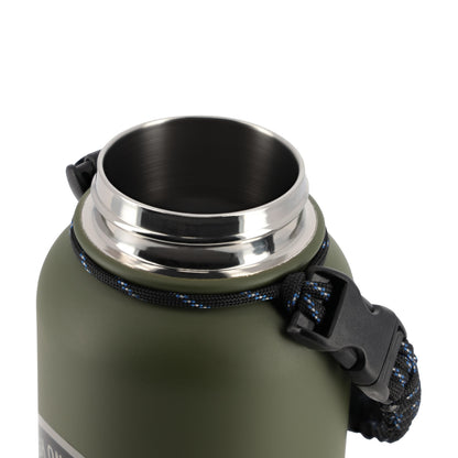 Close-up of an olive green insulated bottle with a stainless steel rim, black plastic cap, and a black-and-blue woven carrying strap on a white background.