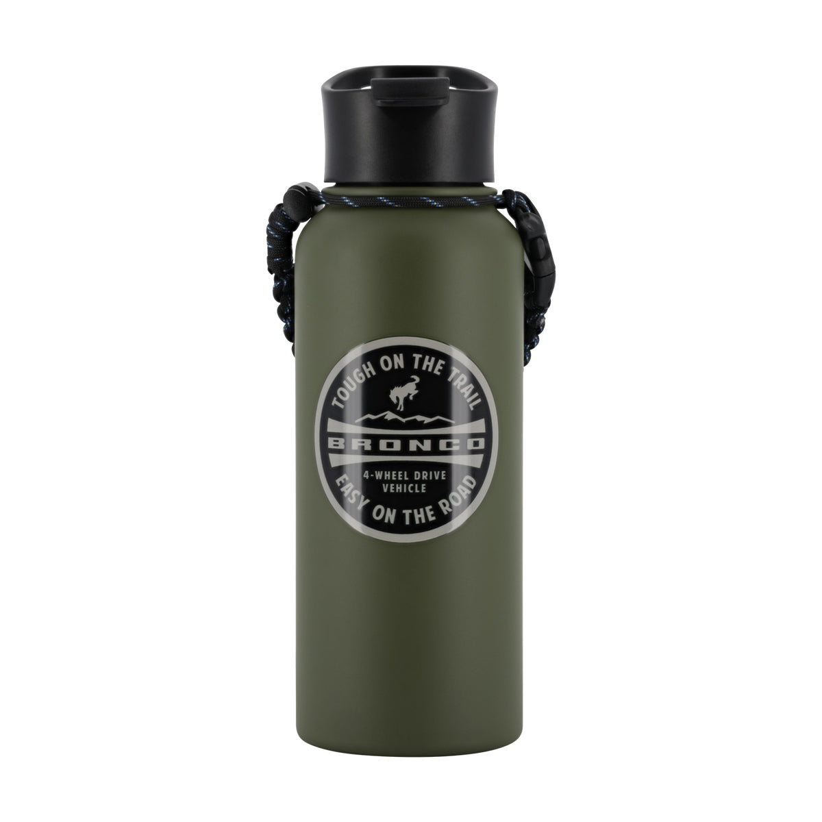 An olive green insulated water bottle with a black flip-top lid and a black braided carrying strap, featuring a circular silver logo for Bronco 4 Wheel Drive Vehicle on the front.