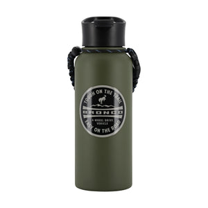 An olive green insulated water bottle with a black flip-top lid and a black braided carrying strap, featuring a circular silver logo for Bronco 4 Wheel Drive Vehicle on the front.