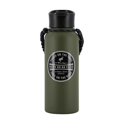 An olive green insulated water bottle with a black flip-top lid and a black braided carrying strap, featuring a circular silver logo for Bronco 4 Wheel Drive Vehicle on the front.