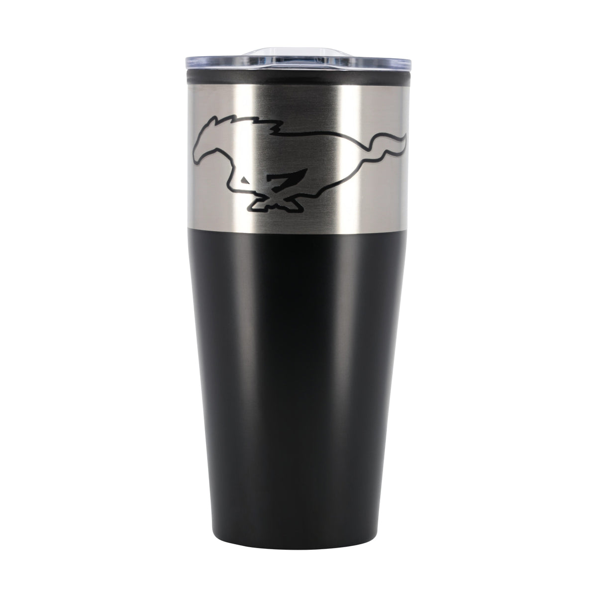 A matte black insulated travel tumbler with a brushed stainless steel band around the upper middle, featuring a black outline of a running horse logo. The tumbler has a clear plastic lid and is shown against a plain white background.