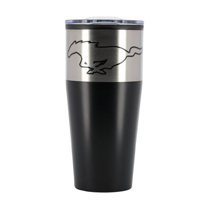 A matte black insulated travel tumbler with a brushed stainless steel band around the upper middle, featuring a black outline of a running horse logo. The tumbler has a clear plastic lid and is shown against a plain white background.