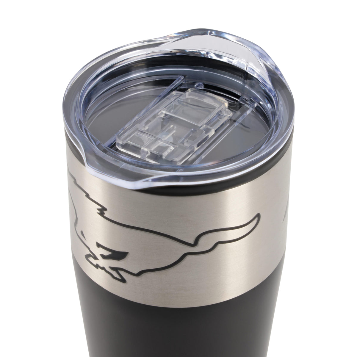 Close-up of a stainless steel tumbler with a clear lid and a black body, featuring a black outline graphic of a running horse.