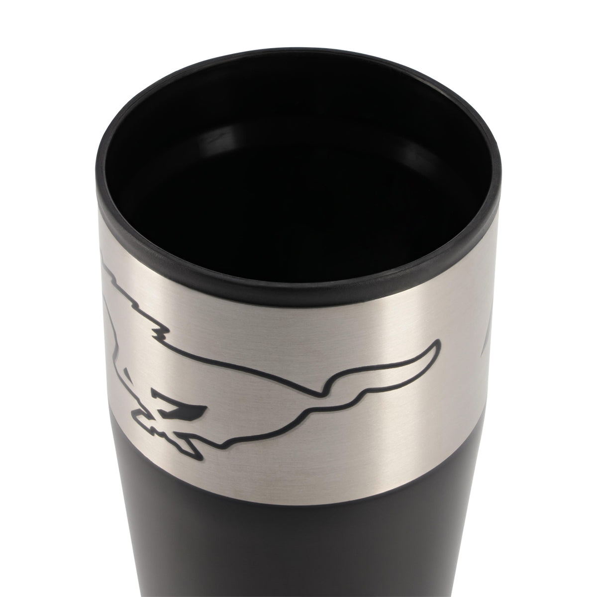 Close-up of a black insulated travel tumbler with a brushed stainless steel band featuring a black outline graphic, on a white background.