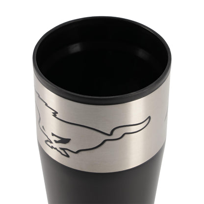 Close-up of a black insulated travel tumbler with a brushed stainless steel band featuring a black outline graphic, on a white background.