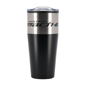 A black and stainless steel insulated travel tumbler with a clear lid, featuring the 'MUSTANG Mach E' logo on the upper half.