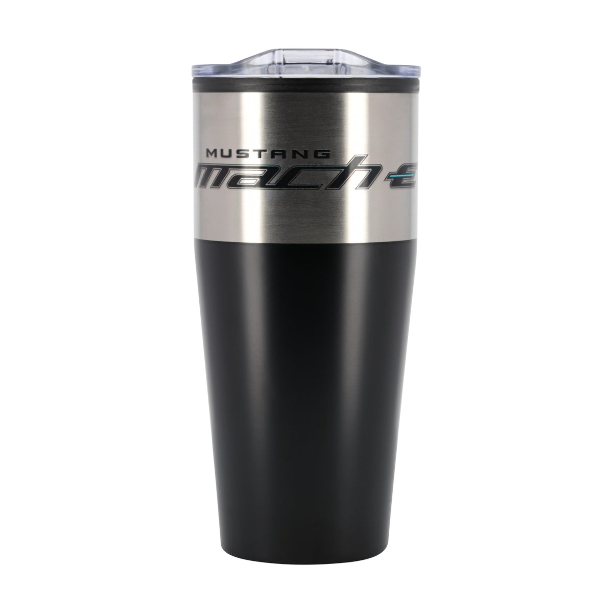 A black and stainless steel insulated travel tumbler with a clear lid, featuring the 'MUSTANG Mach E' logo on the upper half.