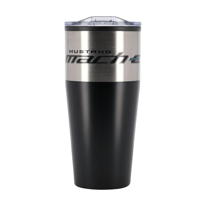 A black and stainless steel insulated travel tumbler with a clear lid, featuring the 'MUSTANG Mach E' logo on the upper half.