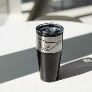Mustang pony logo on a black tumbler on a white table