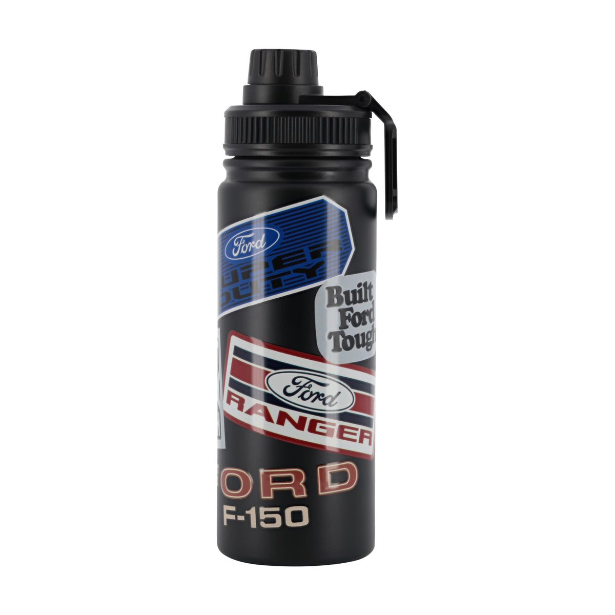 A black plastic water bottle with a black cap and carrying loop, featuring a graphic label for Ford Ranger and Ford F-150 on a white background.