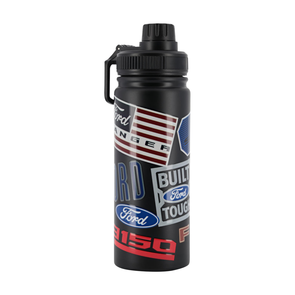 A black stainless steel water bottle with a black screw cap and carrying loop, decorated with various Ford logos, badges, and graphics including 'Ford Ranger', 'Built Ford Tough', and 'Ford P150'.