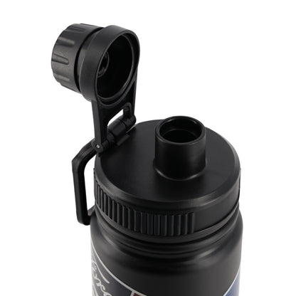 Close-up of a black insulated water bottle with a flip-up lid and carrying loop, shown on a white background.