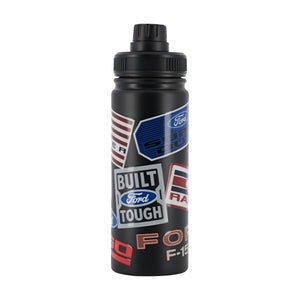 A black plastic sports water bottle with a black screw cap, decorated with various Ford racing and performance logos and graphics including 'Built Ford Tough' and 'Ford Star'.