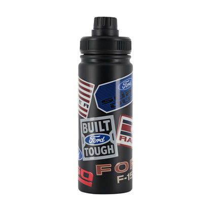 A black plastic sports water bottle with a black screw cap, decorated with various Ford racing and performance logos and graphics including 'Built Ford Tough' and 'Ford Star'.