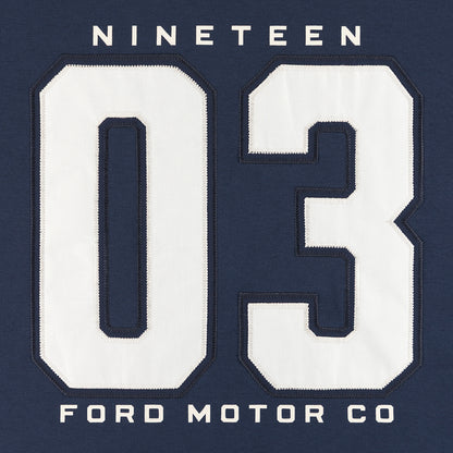 a varsity styled navy blue Ford crewneck with nineteen 03 ford motor co text in white