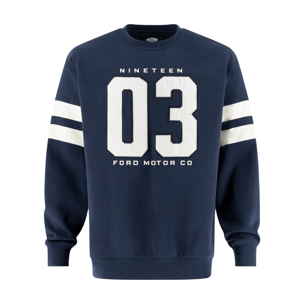 a varsity styled navy blue Ford crewneck with nineteen 03 ford motor co text in white
