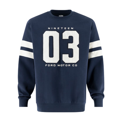 a varsity styled navy blue Ford crewneck with nineteen 03 ford motor co text in white