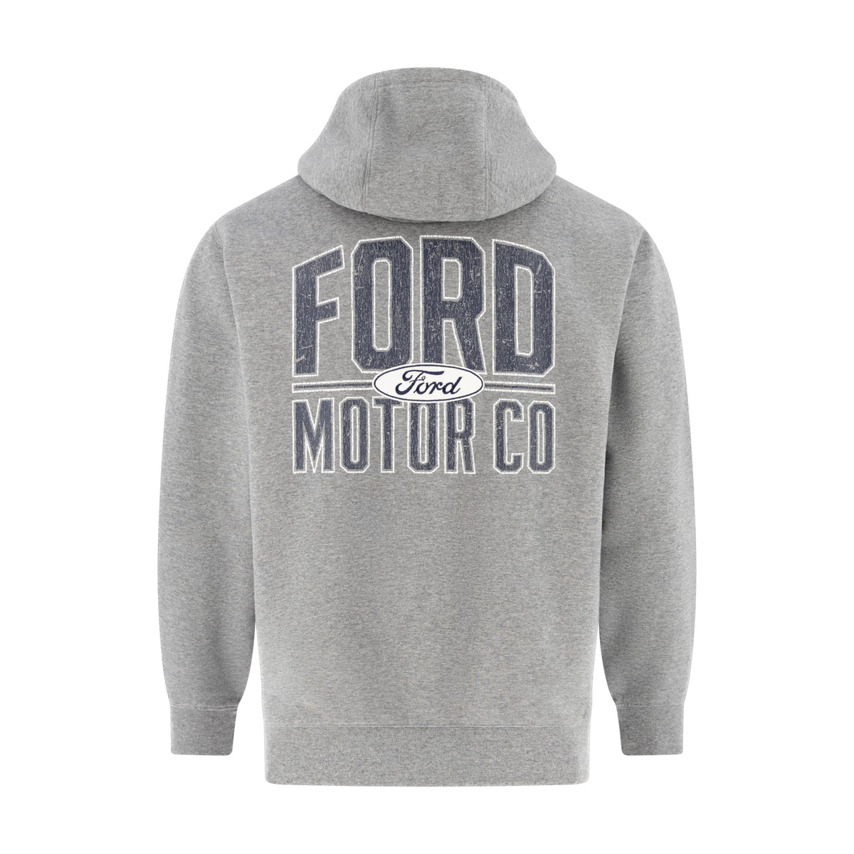 back of a gray hoodie with distressed Ford motor co graphic on a white background
