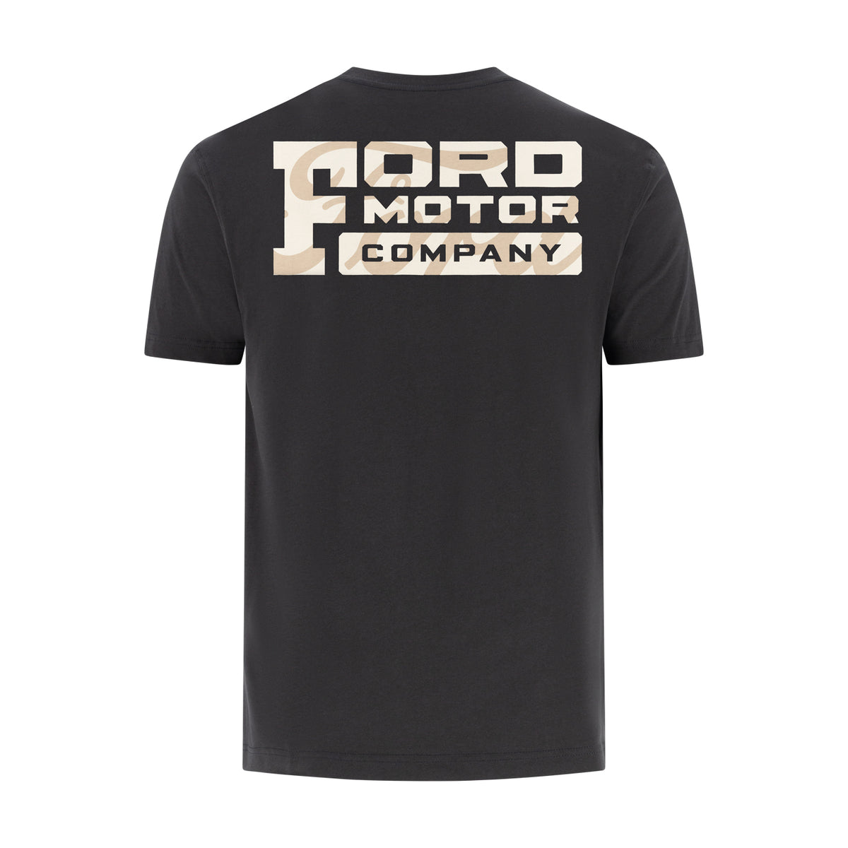 back of a black t-shirt with ford motor company block text with white script graphic on a white background