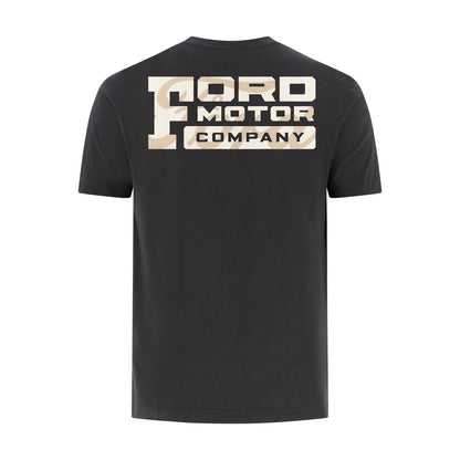 back of a black t-shirt with ford motor company block text with white script graphic on a white background