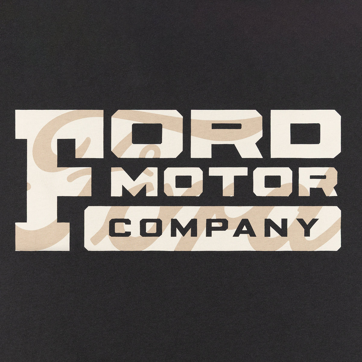 close up of Ford motor company block text with beige ford script on a black background