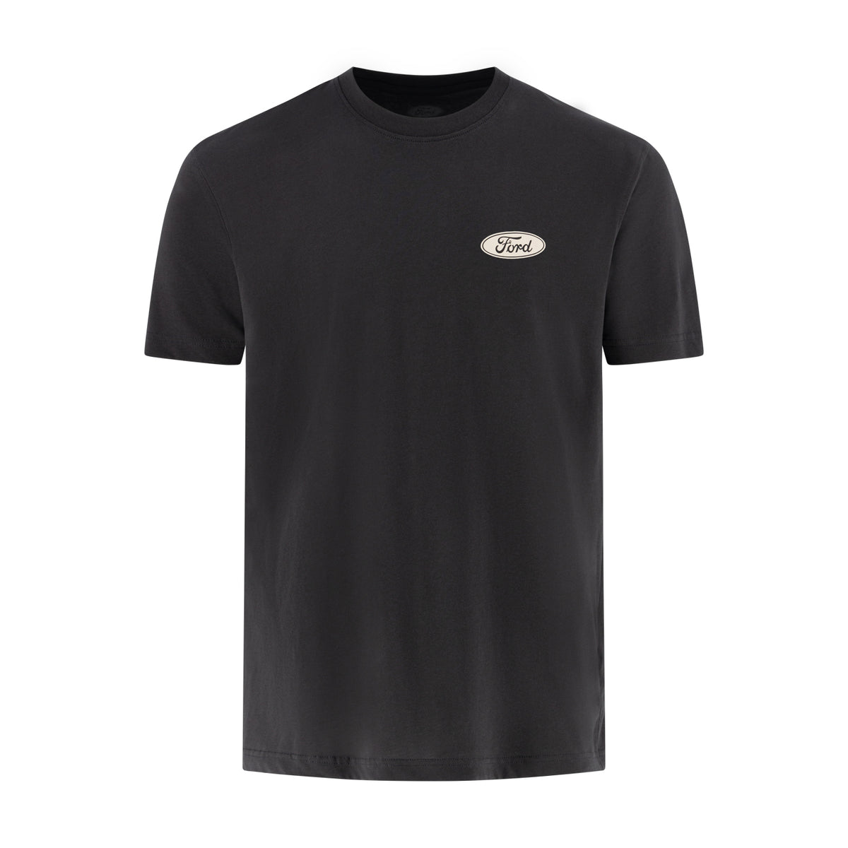black t-shirt with a white Ford oval logo at the front left chest on a white background