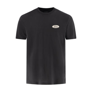 black t-shirt with a white Ford oval logo at the front left chest on a white background
