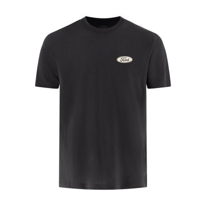black t-shirt with a white Ford oval logo at the front left chest on a white background