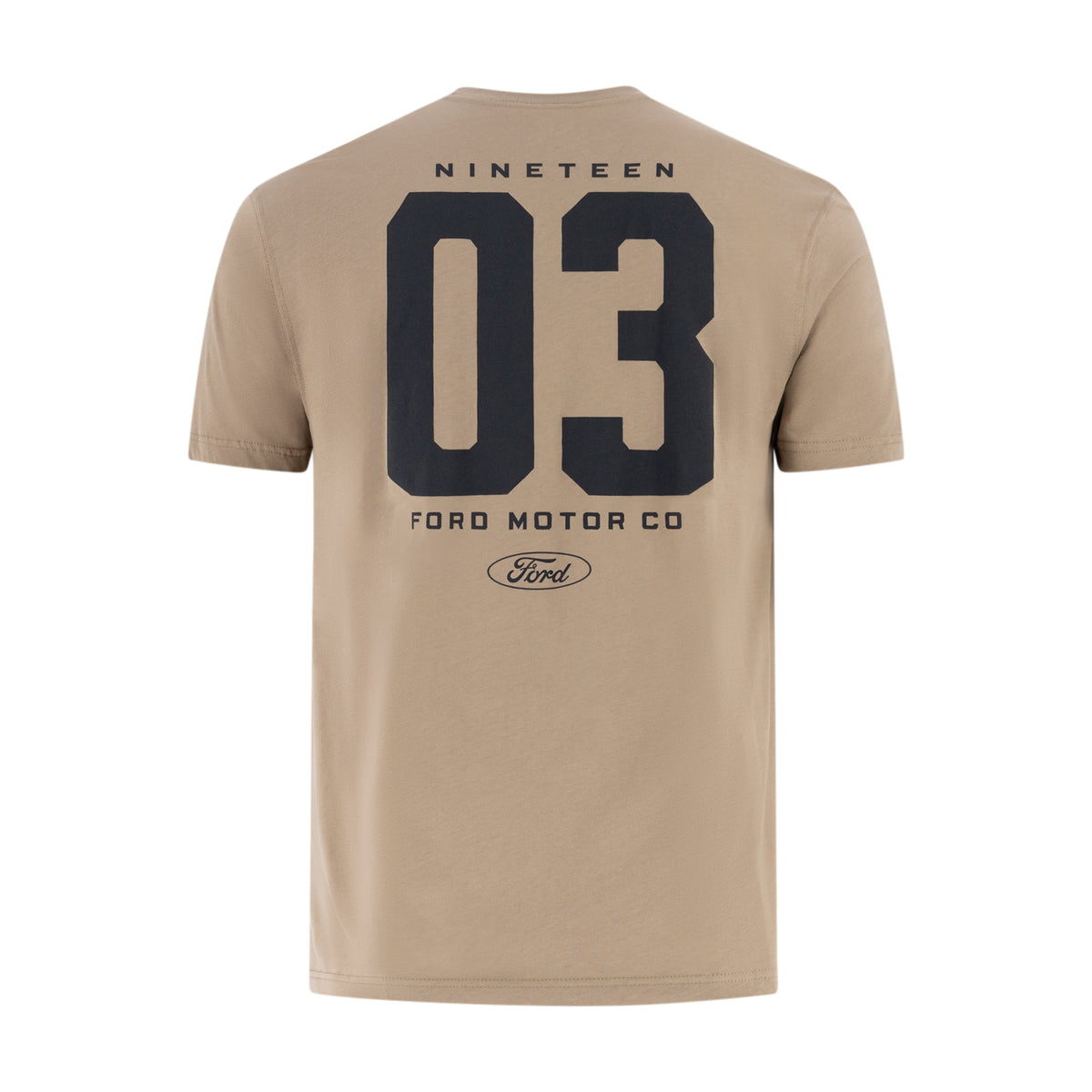 nineteen 03 ford motor co text on the back of a beige unisex t-shirt