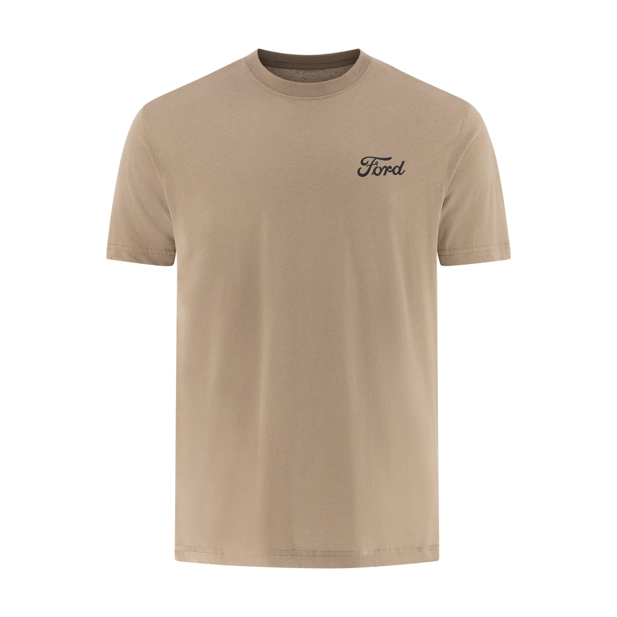 a beige t-shirt with black Ford script
