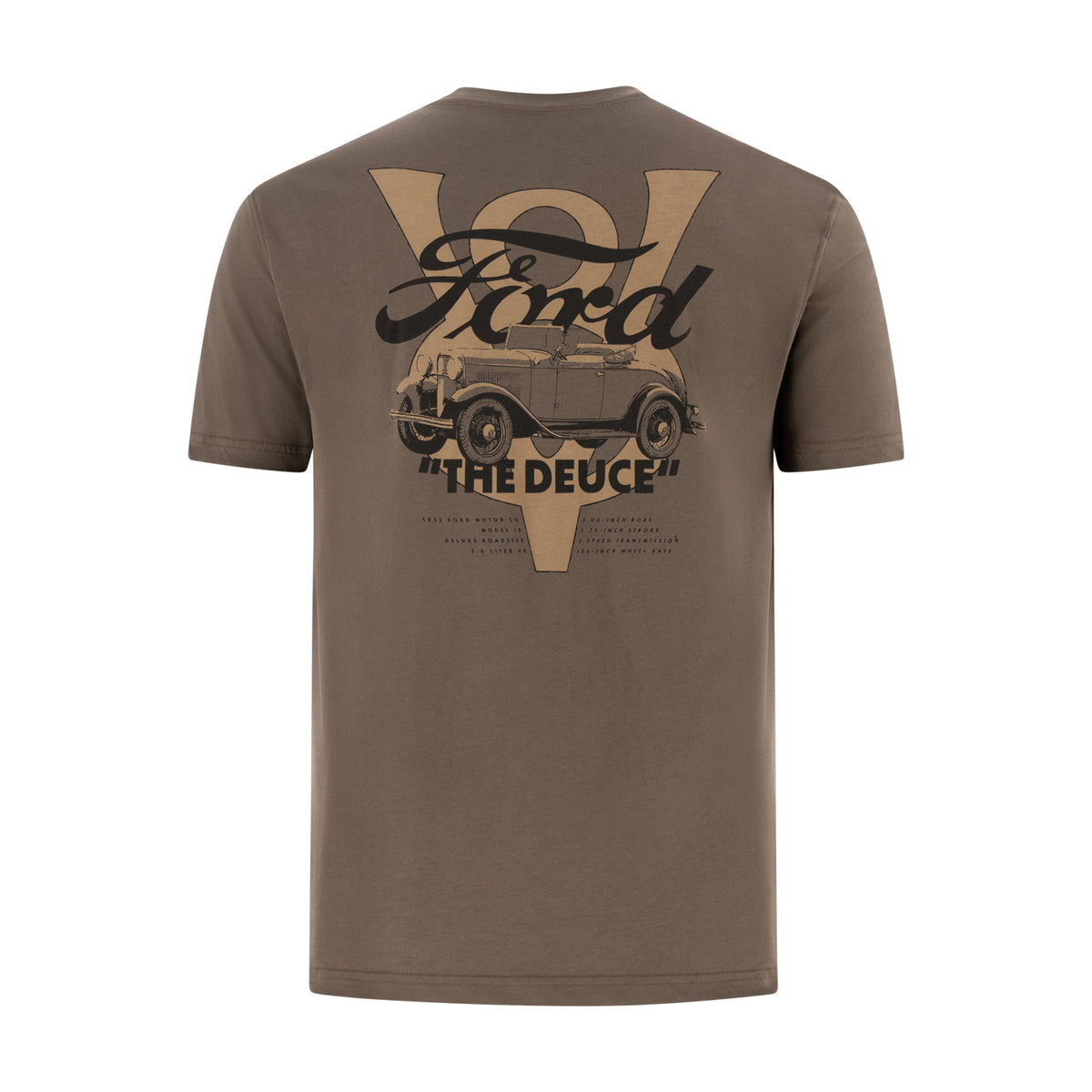 back of a brown t-shirt with a vintage Ford car graphic and "The Deuce" text with car spec text underneath on a white background