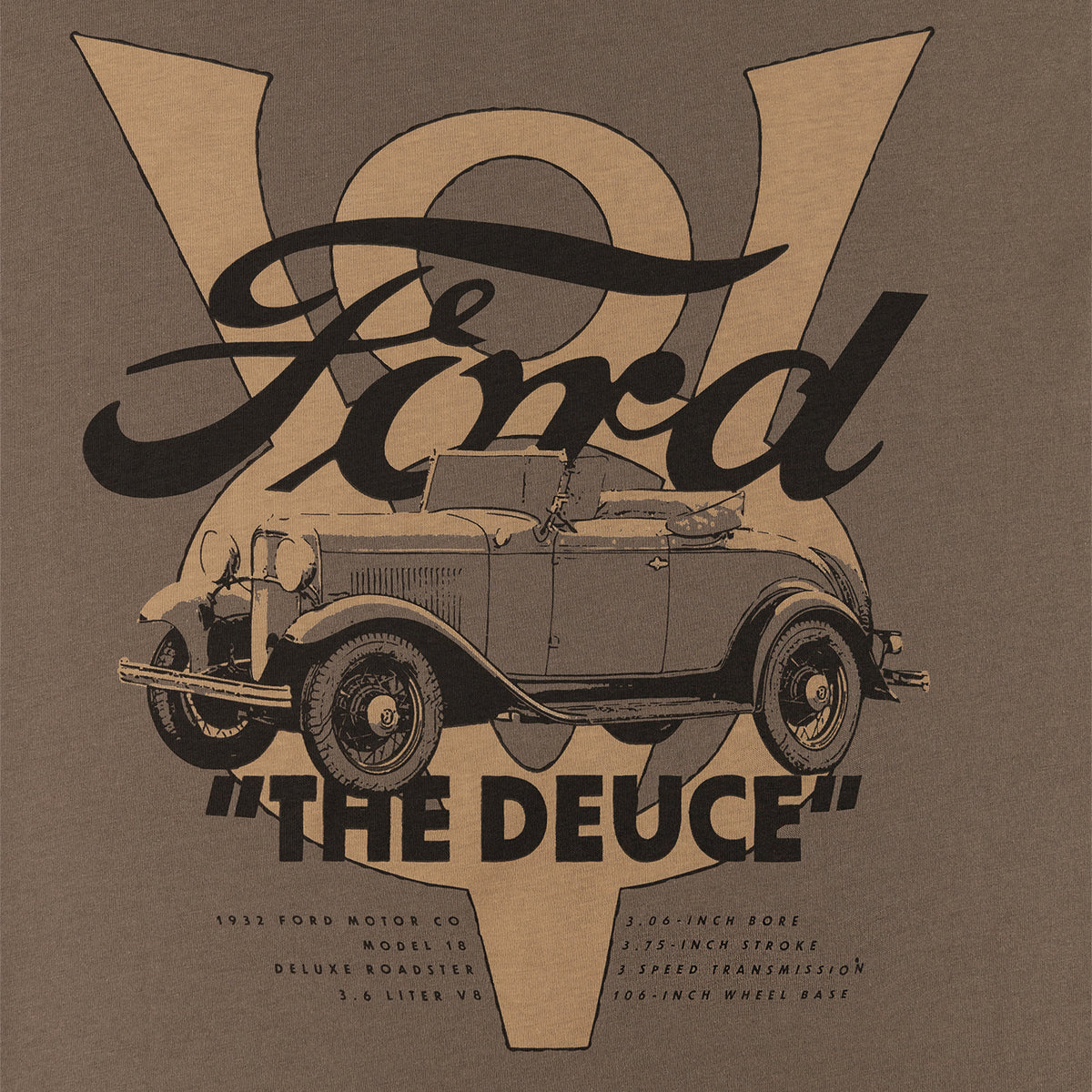 close up of a Ford script graphic with a vintage car "The deuce text" and spec text on a brown background