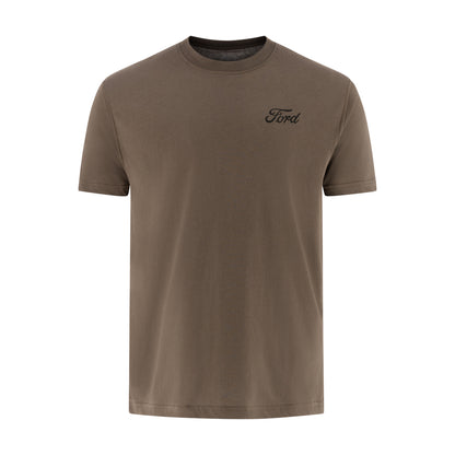 gray brown t-shirt with a ford script logo on a white background