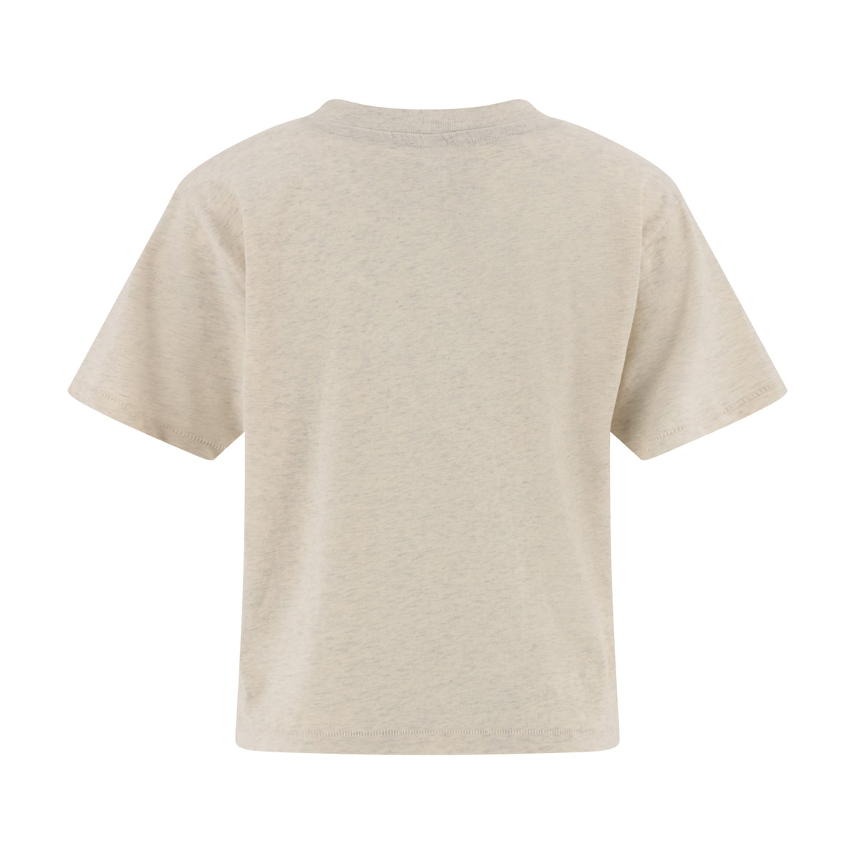 A short-sleeve crewneck t-shirt in a light heathered cream or oatmeal color, shown from the back on a plain white background.