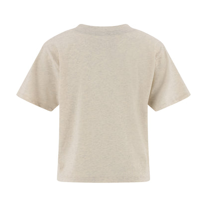 A short-sleeve crewneck t-shirt in a light heathered cream or oatmeal color, shown from the back on a plain white background.