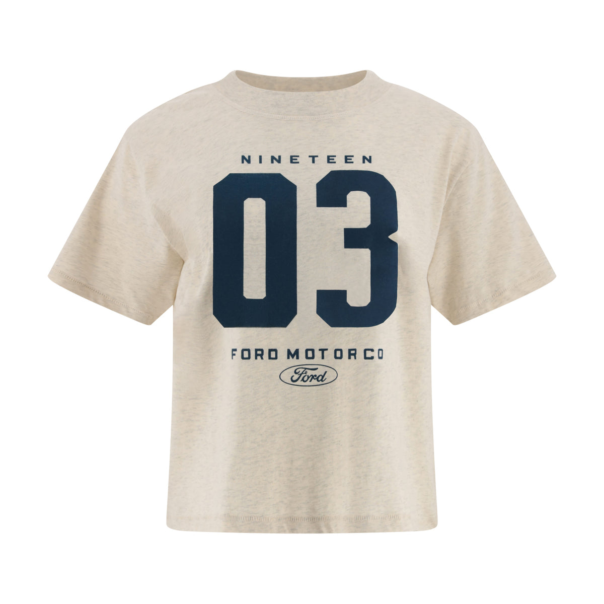A light beige heathered t-shirt featuring a navy blue graphic print on the front with the text 'NINETEEN 03 FORD MOTOR CO' and the Ford logo.