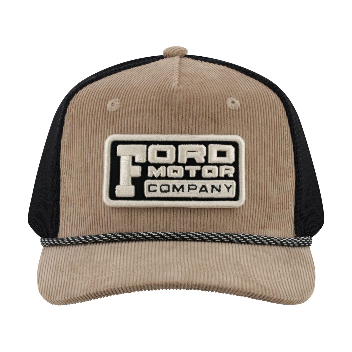 A tan corduroy trucker hat with black mesh back panels, featuring a prominent embroidered 'Ford Motor Company' patch on the front.