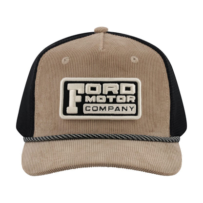 A tan corduroy trucker hat with black mesh back panels, featuring a prominent embroidered 'Ford Motor Company' patch on the front.