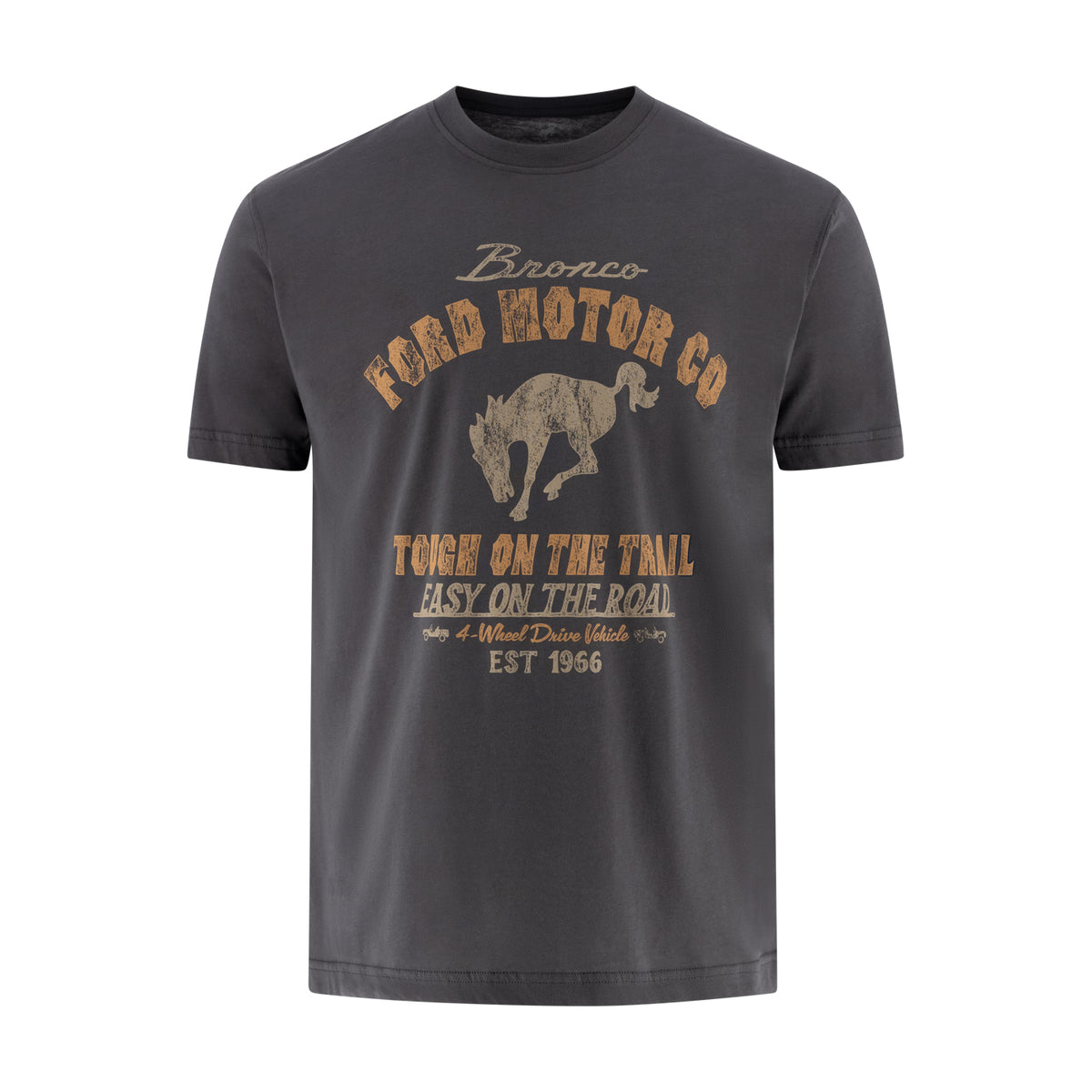 gray Ford Bronco t-shirt with vintage tough on the trail easy on the road text