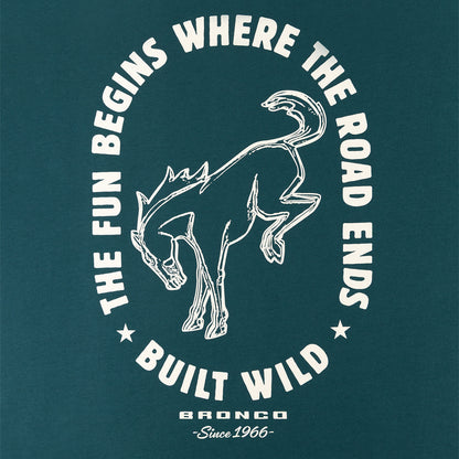 The fun begins where the road ends built wild bronco text on the back of a teal t-shirt